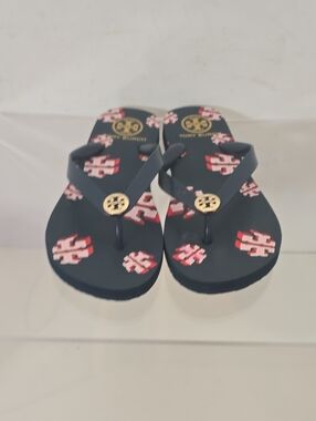 Tory Burch Navy Flip Flops with Pink and Red Logo Print